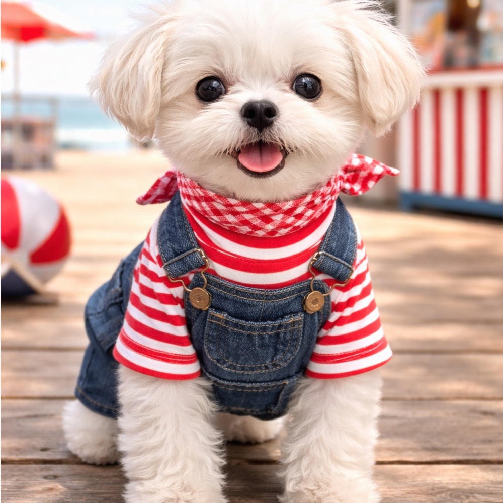 Chic Red and White Striped Dog Overalls
